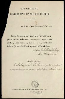 [Zaproszenie Inc.:] "Prezes Towarzystwa Historyczno-Literackiego zaprasza Pana na posiedzenie zwyczajne tegoż Towarzystwa ..."