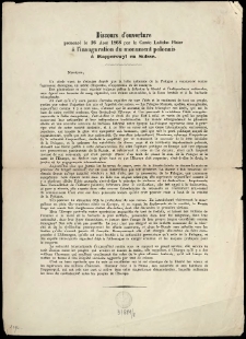 Discours d'ouverture prononcé le 16 Aout 1868 par le Comte Ladislas Plater à l'inauguration du monument polonais à Rapperswyl en Suisse