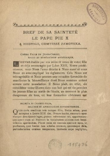 Bref de sa sainteté le Pape Pie X a Hedvige, comtesse Zamoyska