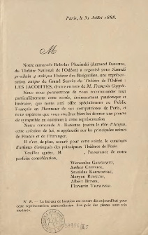[Zawiadomienie Inc.:] "M Notre camarade Boleslas Plucinski (Armand Dutertre, du Théâtre National de l'Odéon) a organise pour ..."