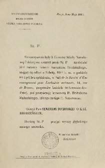 [Zaproszenie Inc.:] "Sz. P. Stowarzyszenie byłych Uczniów Szkoły Narodowej Polskiej ma zaszczyt prosić Sz. P na obchód 50ej rocznicy śmierci Kazimierza Brodzińskiego..."