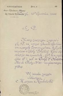 [Zaproszenie Inc.:] "Sz. P. Mamy zaszczyt zaprosić Sz. P. na roczne zebranie członków honorowych Towarzystwa byłych uczniów Szkoły Polskiej ..."