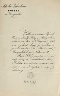 [Zaproszenie Inc.:] " Publiczne rozdanie Nagród Uczniom Szkoły Polskiej w Batignolles odbędzie się dnia 10 sierpnia 1864 ..."
