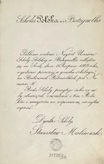 [Zaproszenie Inc.:] " Publiczne rozdanie Nagród Uczniom Szkoły Polskiej w Batignolles odbędzie się we środę dnia 11 sierpnia 1869 roku ..."
