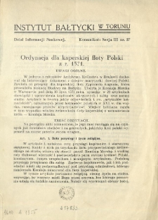 Ordynacja dla kaperskiej floty Polski z r. 1571. Uwagi ogólne