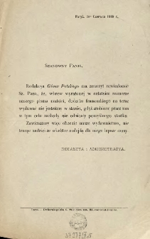 [Zawiadomienie Inc.:] "Szanowny Panie, Redakcya Głosu Polskiego ma zaszczyt zawiadomić Sz. Pana, że, wbrew wyrażonej w ostatnim numerze naszego pisma nadziei ..."