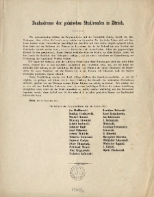 Dankadresse der polnischen studirenden in Zürich