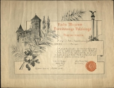 Dyplom Jadwigi Zamoyskiej na członka honor. Muzeum Narod. Polskiego w Rapperswylu