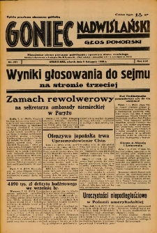 Goniec Nadwiślański: Głos Pomorski: Niezależne pismo poranne, poświęcone sprawom stanu średniego 1938.11.08 R.14 Nr257
