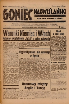 Goniec Nadwiślański: Głos Pomorski: Niezależne pismo poranne, poświęcone sprawom stanu średniego 1939.04.19 R.15 Nr91