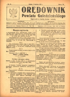 Orędownik Powiatu Gnieźnieńskiego: wychodzi w każdą środę i sobotę 1921.04.02 R.70 Nr27