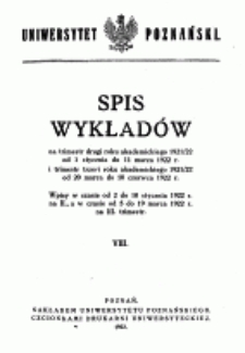 Spis wykładów na trimestr drugi roku akademickiego 1921/22 od 1 stycznia do 11 marca 1922 r. i trimestr trzecim roku akademickiego 1921/22 od 20 marca do 10 czerwca 1922 r.