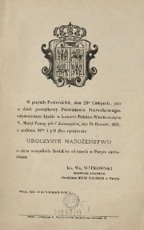 [Zawiadomienie Inc.:] " W przyszły poniedziałek, dnia 29go Listopada, jako w dzień pamiątkowy Powstania Narodowego ..."