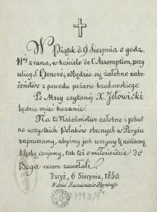 [Zaproszenie Inc.:} " W piątek d. 9 sierpnia o godz. 11ej z rana, w kościele de l'Assomption ..."