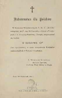 Nabożeństwo dla Polaków [Zawiadomienie Inc.] " W Kościele Wniebowzięcia N.M.P. ..."