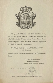 [Zawiadomienie Inc.:] " W przyszły wtorek, dnia 25go grudnia b.r., jako w uroczystość Bożego Narodzenia ..."