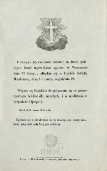 [Zawiadomienie Inc.:] " Uroczyste Nabożeństwo żałobne za dusze poległych braci męczeńskim zgonem w Warszawie ..."