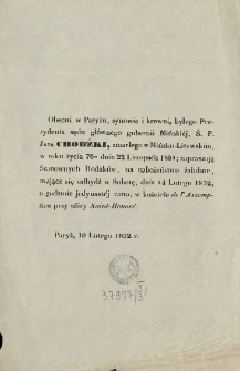 [Zawiadomienie Inc.:] " Obecni w Paryżu, synowie i krewni, byłego Prezydenta sądu głównego gubernii Mińskiej, ś. p. Jana Chodźki ..."