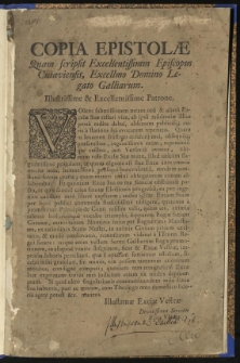 Copia epistolae, quam scripsit excellentissimus Episcopus Cuiaviensis excellmo domino Legato Gallorum