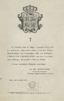 [Zawiadomienie Inc.:] " W niedzielę, dnia 9go Maja, o godzinie 10-ej i pół bez opóźnienia, odprawiane będzie w kościele ..."