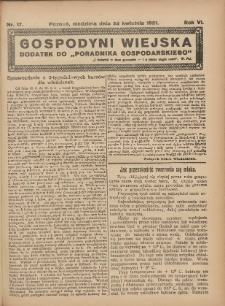 Gospodyni Wiejska: dodatek do &bdquo;Poradnika Gospodarskiego&rdquo; 1921.04.24 R.6 Nr17