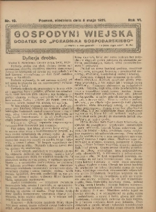 Gospodyni Wiejska: dodatek do &bdquo;Poradnika Gospodarskiego&rdquo; 1921.05.08 R.6 Nr19