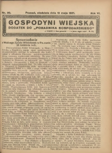 Gospodyni Wiejska: dodatek do &bdquo;Poradnika Gospodarskiego&rdquo; 1921.05.15 R.6 Nr20
