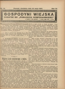 Gospodyni Wiejska: dodatek do &bdquo;Poradnika Gospodarskiego&rdquo; 1921.05.22 R.6 Nr21