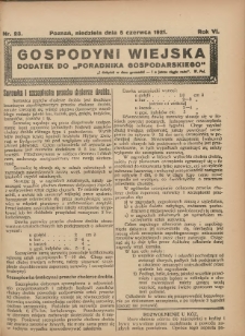 Gospodyni Wiejska: dodatek do &bdquo;Poradnika Gospodarskiego&rdquo; 1921.06.05 R.6 Nr23