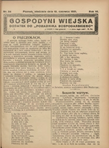 Gospodyni Wiejska: dodatek do &bdquo;Poradnika Gospodarskiego&rdquo; 1921.06.12 R.6 Nr24