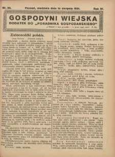Gospodyni Wiejska: dodatek do &bdquo;Poradnika Gospodarskiego&rdquo; 1921.08.14 R.6 Nr33