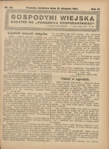 Gospodyni Wiejska: dodatek do &bdquo;Poradnika Gospodarskiego&rdquo; 1921.08.21 R.6 Nr34