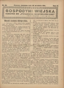 Gospodyni Wiejska: dodatek do &bdquo;Poradnika Gospodarskiego&rdquo; 1921.09.25 R.6 Nr39