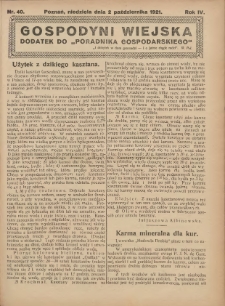 Gospodyni Wiejska: dodatek do &bdquo;Poradnika Gospodarskiego&rdquo; 1921.10.02 R.6 Nr40