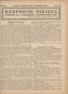 Gospodyni Wiejska: dodatek do &bdquo;Poradnika Gospodarskiego&rdquo; 1921.11.27 R.6 Nr48