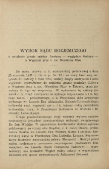 Wyrok Sądu Rozjemczego o ustalenie granic między Austryą - względnie Galicyą - a Węgrami przy t. zw. Morskiem Oku
