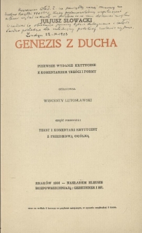 Genezis z Ducha. Cz. 1, Tekst i komentarz krytyczny z przedmową ogólną