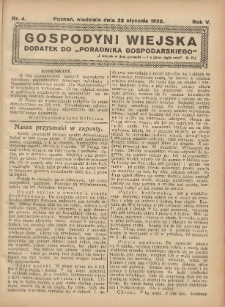 Gospodyni Wiejska: dodatek do &bdquo;Poradnika Gospodarskiego&rdquo; 1922.01.22 R.5 Nr4