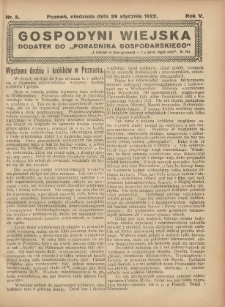 Gospodyni Wiejska: dodatek do &bdquo;Poradnika Gospodarskiego&rdquo; 1922.01.29 R.5 Nr5