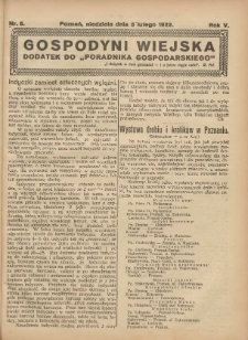 Gospodyni Wiejska: dodatek do &bdquo;Poradnika Gospodarskiego&rdquo; 1922.02.05 R.5 Nr6
