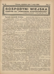 Gospodyni Wiejska: dodatek do &bdquo;Poradnika Gospodarskiego&rdquo; 1922.05.07 R.5 Nr19