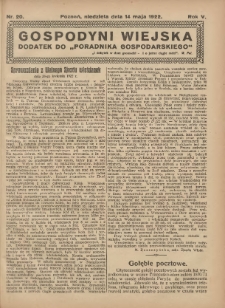 Gospodyni Wiejska: dodatek do &bdquo;Poradnika Gospodarskiego&rdquo; 1922.05.14 R.5 Nr20