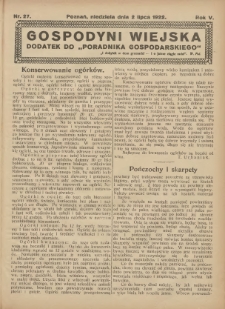 Gospodyni Wiejska: dodatek do &bdquo;Poradnika Gospodarskiego&rdquo; 1922.07.02 R.5 Nr27