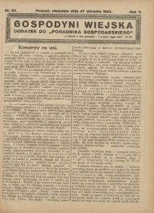 Gospodyni Wiejska: dodatek do &bdquo;Poradnika Gospodarskiego&rdquo; 1922.08.27 R.5 Nr35