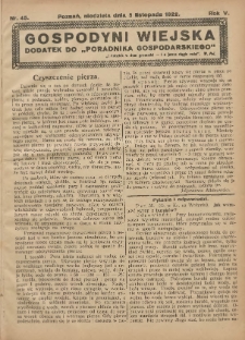 Gospodyni Wiejska: dodatek do &bdquo;Poradnika Gospodarskiego&rdquo; 1922.11.05 R.5 Nr45
