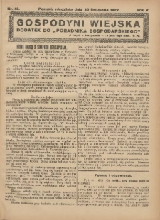 Gospodyni Wiejska: dodatek do &bdquo;Poradnika Gospodarskiego&rdquo; 1922.11.26 R.5 Nr48