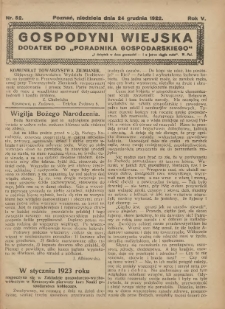 Gospodyni Wiejska: dodatek do &bdquo;Poradnika Gospodarskiego&rdquo; 1922.12.24 R.5 Nr52