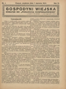 Gospodyni Wiejska: dodatek do &bdquo;Poradnika Gospodarskiego&rdquo; 1923.01.07 R.6 Nr1