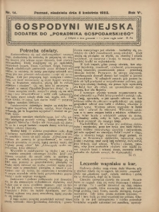 Gospodyni Wiejska: dodatek do &bdquo;Poradnika Gospodarskiego&rdquo; 1923.04.08 R.6 Nr14