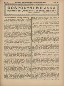 Gospodyni Wiejska: dodatek do &bdquo;Poradnika Gospodarskiego&rdquo; 1923.04.15 R.6 Nr15